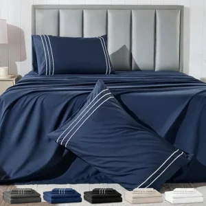 Breathable and Cooling Bed Sheets Set w/ Embroidered Pillowcases