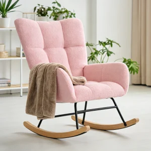 Upholstered Saucer Rocking Chair,  Armchair Padded Seat, Metal Frame
