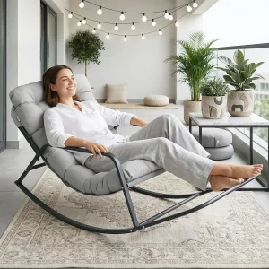 Oversized Rocking Chair with Footrest Cushion Heavy Duty Steel Frame 450 Lbs Outdoor Indoor Porch Garden Grey Customized