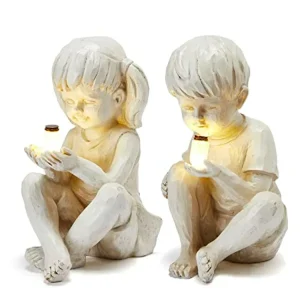 Large Boy & Girl Garden Statues Light Up Firefly Jar Solar Powered