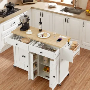 60" Mobile Rolling Kitchen Island Table Drop Leaf with Power Outlet