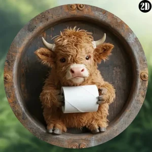 Cow Bathroom Sign, Round Metal Wall Art