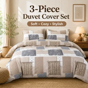 Boho 3 piece Patchwork Duvet Cover Set, Beige Grey,  Soft Bed Cover with Pillowcases