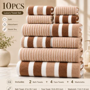 10-Piece Ultra Absorbent Super Soft Two-Tone Striped  Bath Towel Set