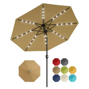 10FT Solar Powered Patio Umbrella With 32 LED Lights, Khaki,  Crank Lift & Push Button Tilt System