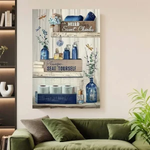 Framed 1pc Rustic Navy Blue Bathroom Canvas Wall Art