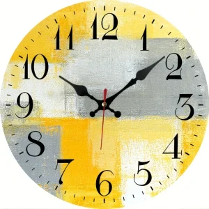 Quiet Yellow and Gray Abstract Clock Battery Operated Silent Non-Ticking