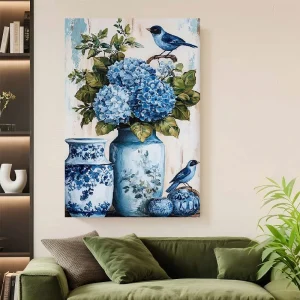 Framed 1pc  Vintage Blue Hydrangea and Bird Theme Canvas Wall Art