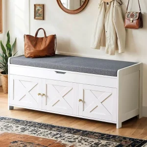 Shoe Storage Bench with Cushioned Seat & Lift Top Storage, 3 Doors, Adjustable Shelf, 300 lbs Capacity