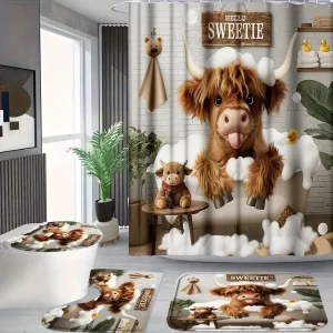 4Pcs Highland Cow Shower Curtain Set w/Hooks, Waterproof Mildew Resistant Fabric Bath Mat