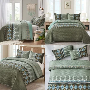 King Size Boho Quilt Set  3 Pcs Coverlet Set with Geometry Print,  All Season, Lightweight Oversized