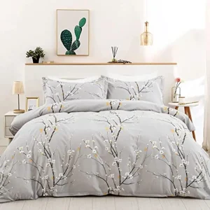 Microfiber Duvet Cover Set,  Queen 3 Piece  Bedding, Flower Plum Blossom Light Grey