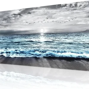 Large Canvas Wall Art  Decor - Black & White Blue Sea Wave Pictures - Framed