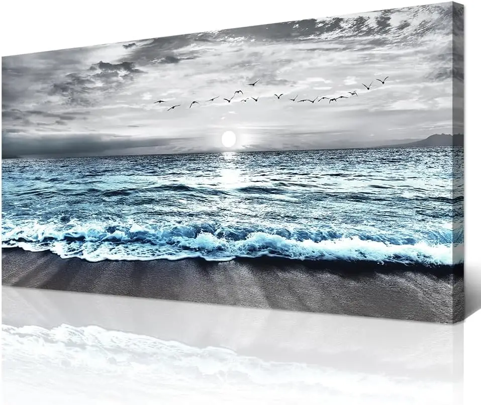 Large Canvas Wall Art  Decor - Black & White Blue Sea Wave Pictures - Framed - Image 1