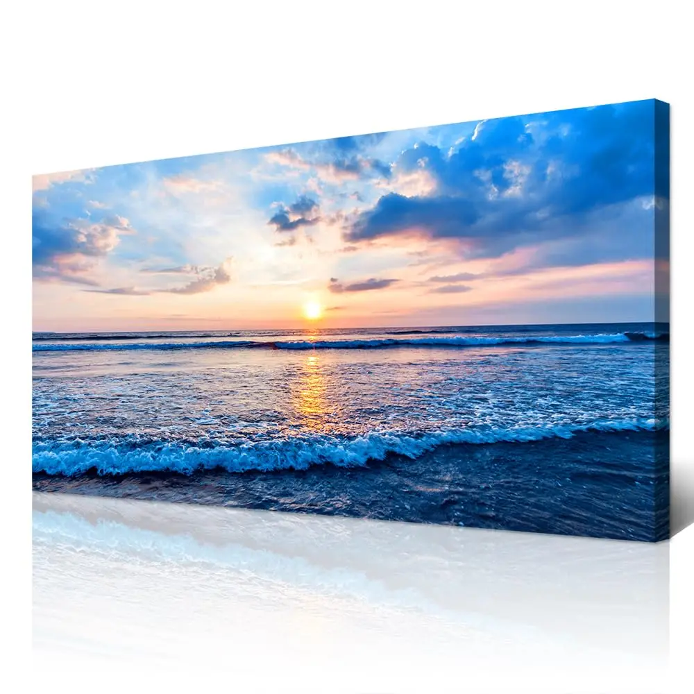 Large Canvas Wall Art  Decor - Black & White Blue Sea Wave Pictures - Framed - Image 9