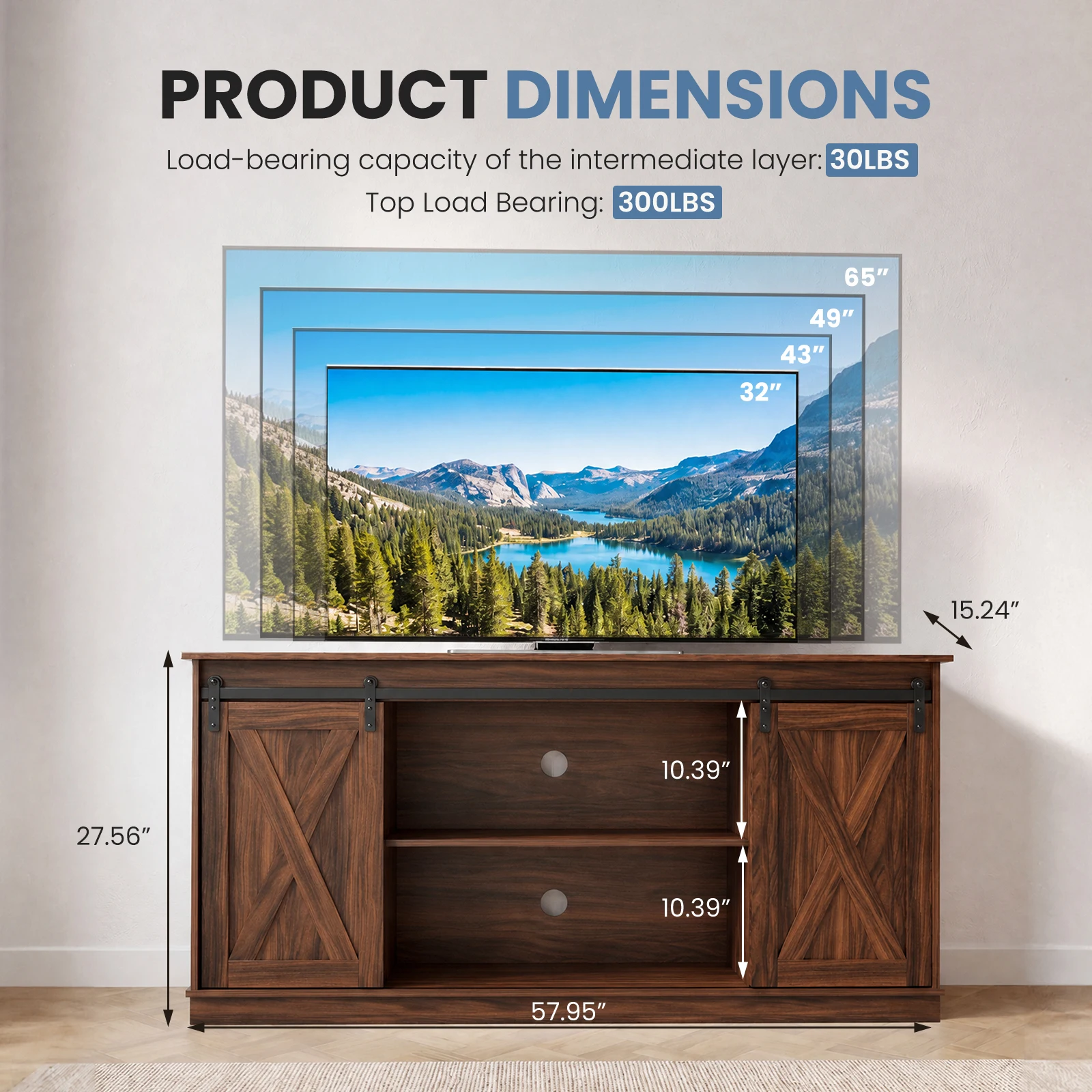 Wood Storage Shelves Cabinet, Modern Media TV Stand for 65 Inch Television, Storage Organization - Image 2