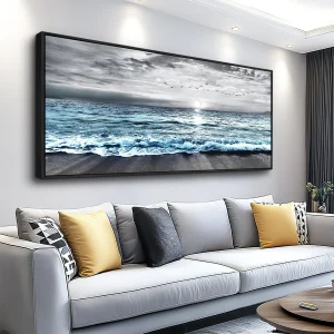 Large Canvas Wall Art  Decor - Black & White Blue Sea Wave Pictures - Framed - Thumbnail Image 11