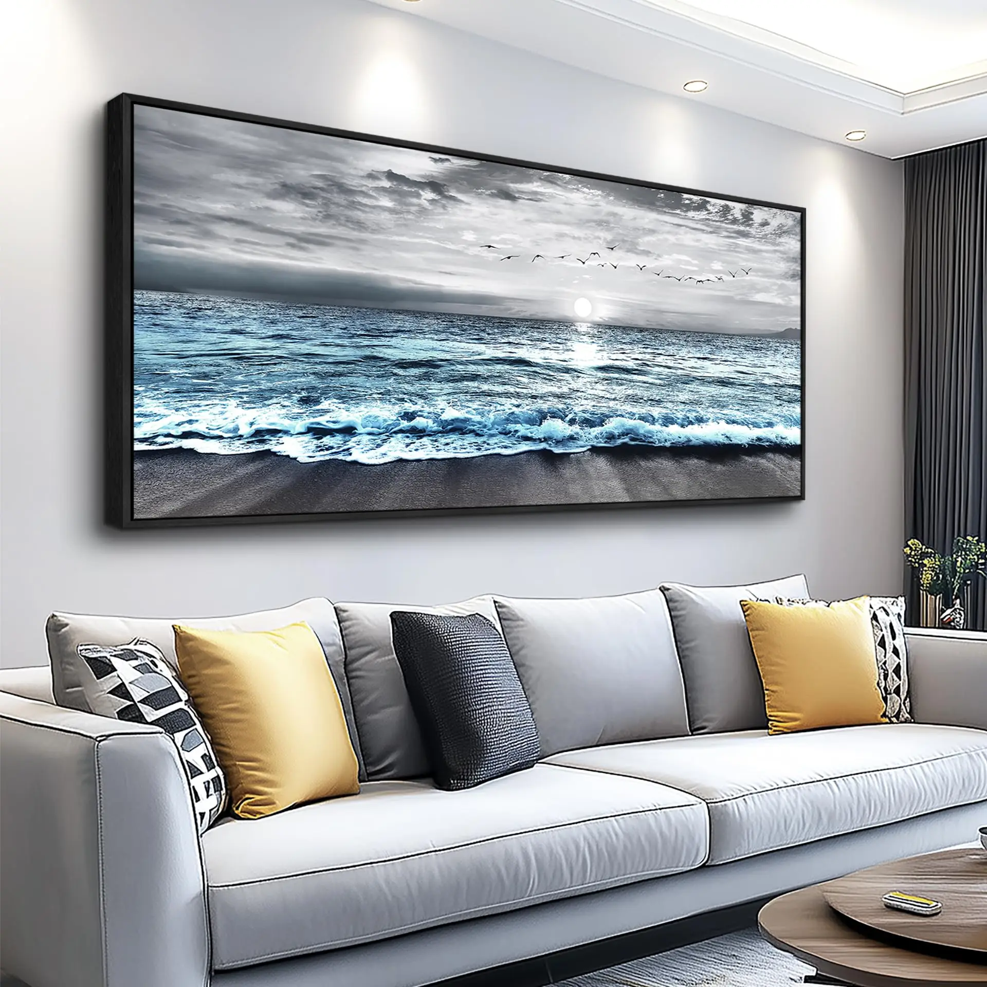 Large Canvas Wall Art  Decor - Black & White Blue Sea Wave Pictures - Framed - Image 11
