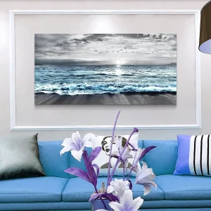 Large Canvas Wall Art  Decor - Black & White Blue Sea Wave Pictures - Framed - Thumbnail Image 3