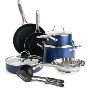11-Piece Nonstick Blue Set with Utensils, Scratch-Resistant, Dishwasher and Oven Safe