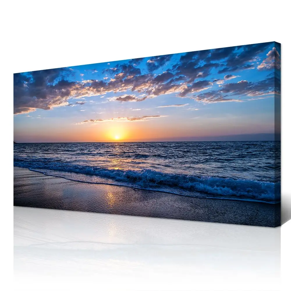 Large Canvas Wall Art  Decor - Black & White Blue Sea Wave Pictures - Framed - Image 14