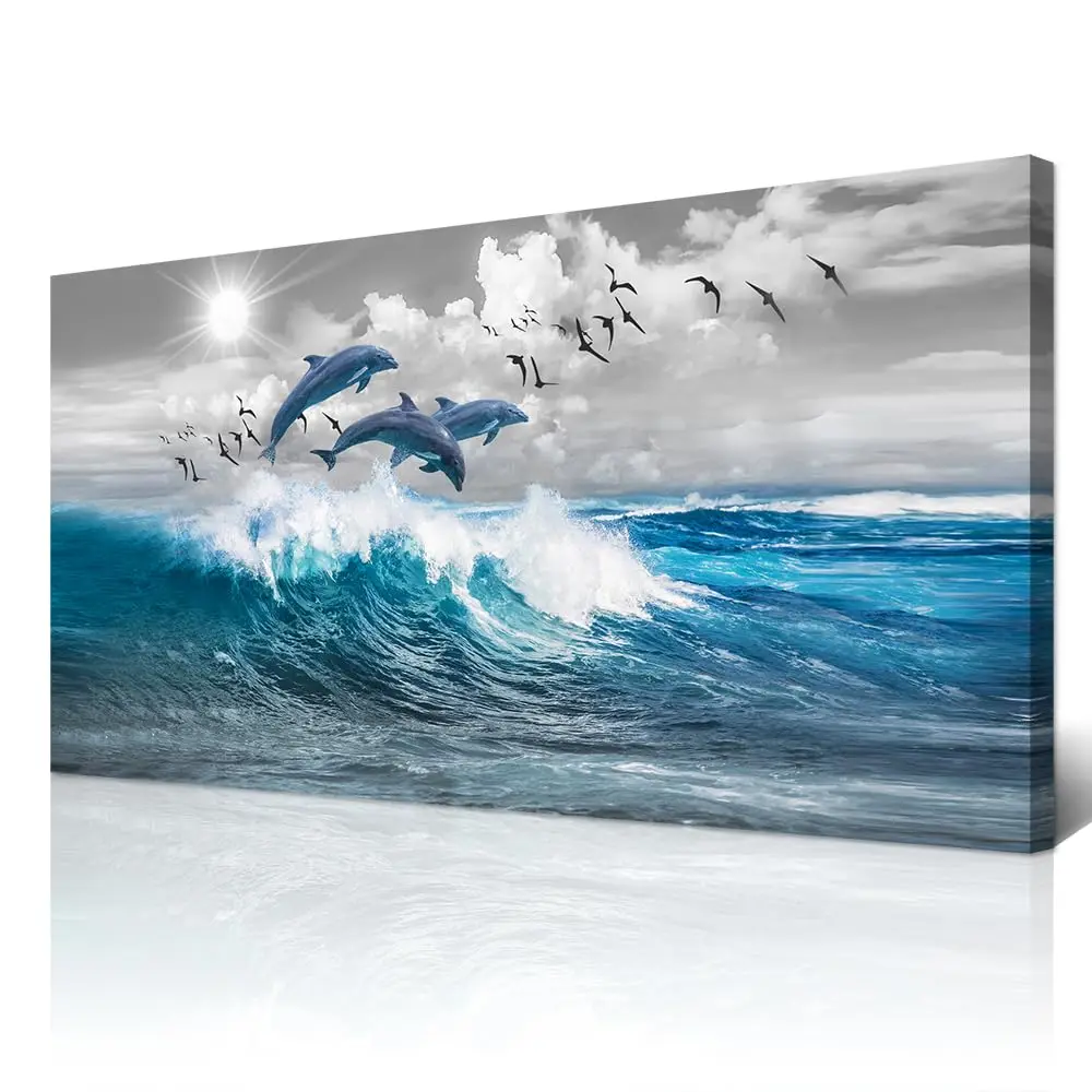 Large Canvas Wall Art  Decor - Black & White Blue Sea Wave Pictures - Framed - Image 12
