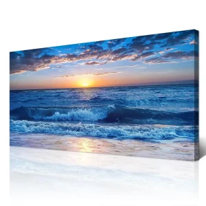 Large Canvas Wall Art  Decor - Black & White Blue Sea Wave Pictures - Framed - Thumbnail Image 8