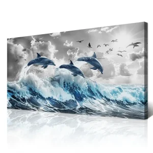 Large Canvas Wall Art  Decor - Black & White Blue Sea Wave Pictures - Framed - Thumbnail Image 13