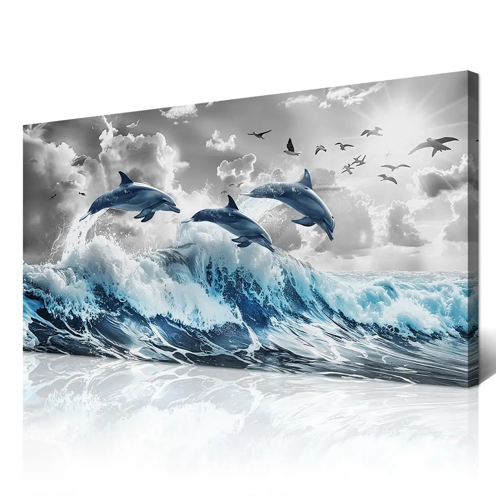 Large Canvas Wall Art  Decor - Black & White Blue Sea Wave Pictures - Framed - Image 13