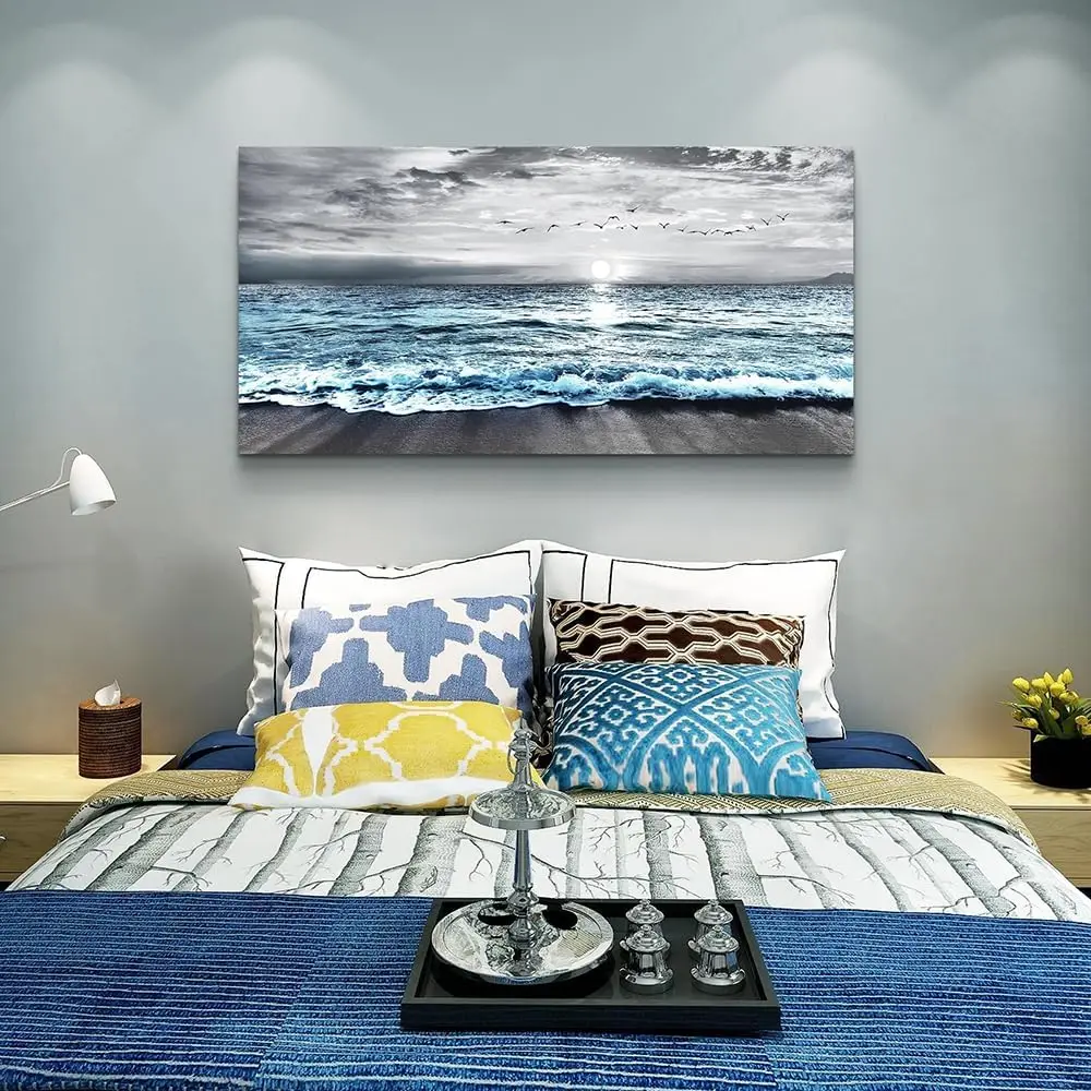 Large Canvas Wall Art  Decor - Black & White Blue Sea Wave Pictures - Framed - Image 4