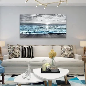 Large Canvas Wall Art  Decor - Black & White Blue Sea Wave Pictures - Framed - Thumbnail Image 5