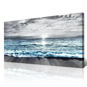 Large Canvas Wall Art  Decor - Black & White Blue Sea Wave Pictures - Framed - Thumbnail Image 7