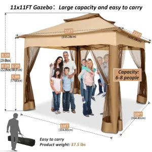 11x11 Gazebo Canopy Tent with Mosquito Nettings, and Double Roof Ventilation - Thumbnail Image 6