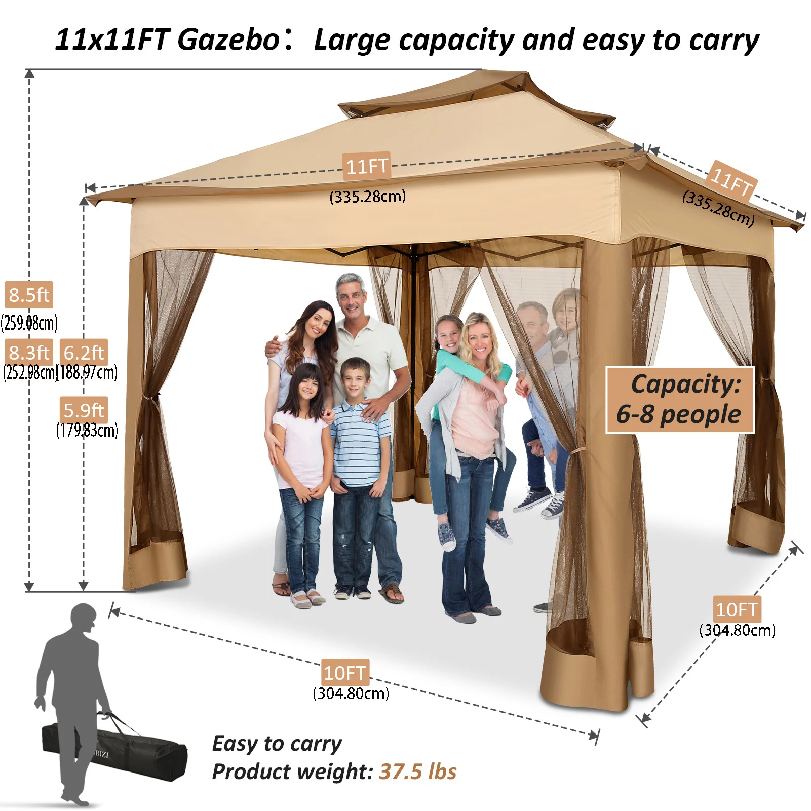 11x11 Gazebo Canopy Tent with Mosquito Nettings, and Double Roof Ventilation - Image 6