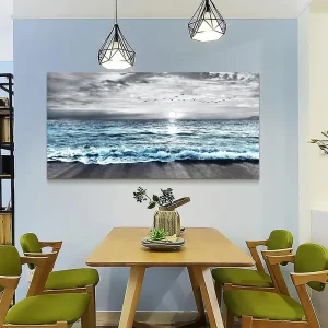 Large Canvas Wall Art  Decor - Black & White Blue Sea Wave Pictures - Framed - Thumbnail Image 6
