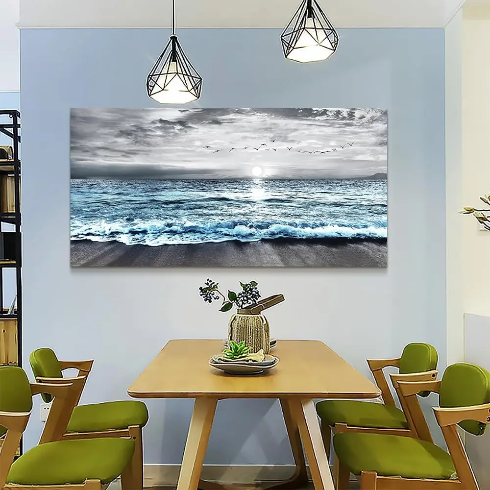 Large Canvas Wall Art  Decor - Black & White Blue Sea Wave Pictures - Framed - Image 6