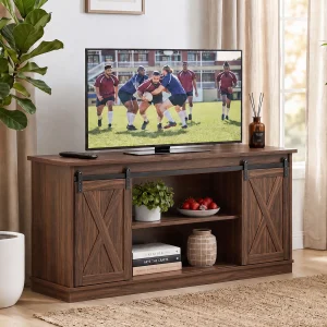Wood Storage Shelves Cabinet, Modern Media TV Stand for 65 Inch Television, Storage Organization