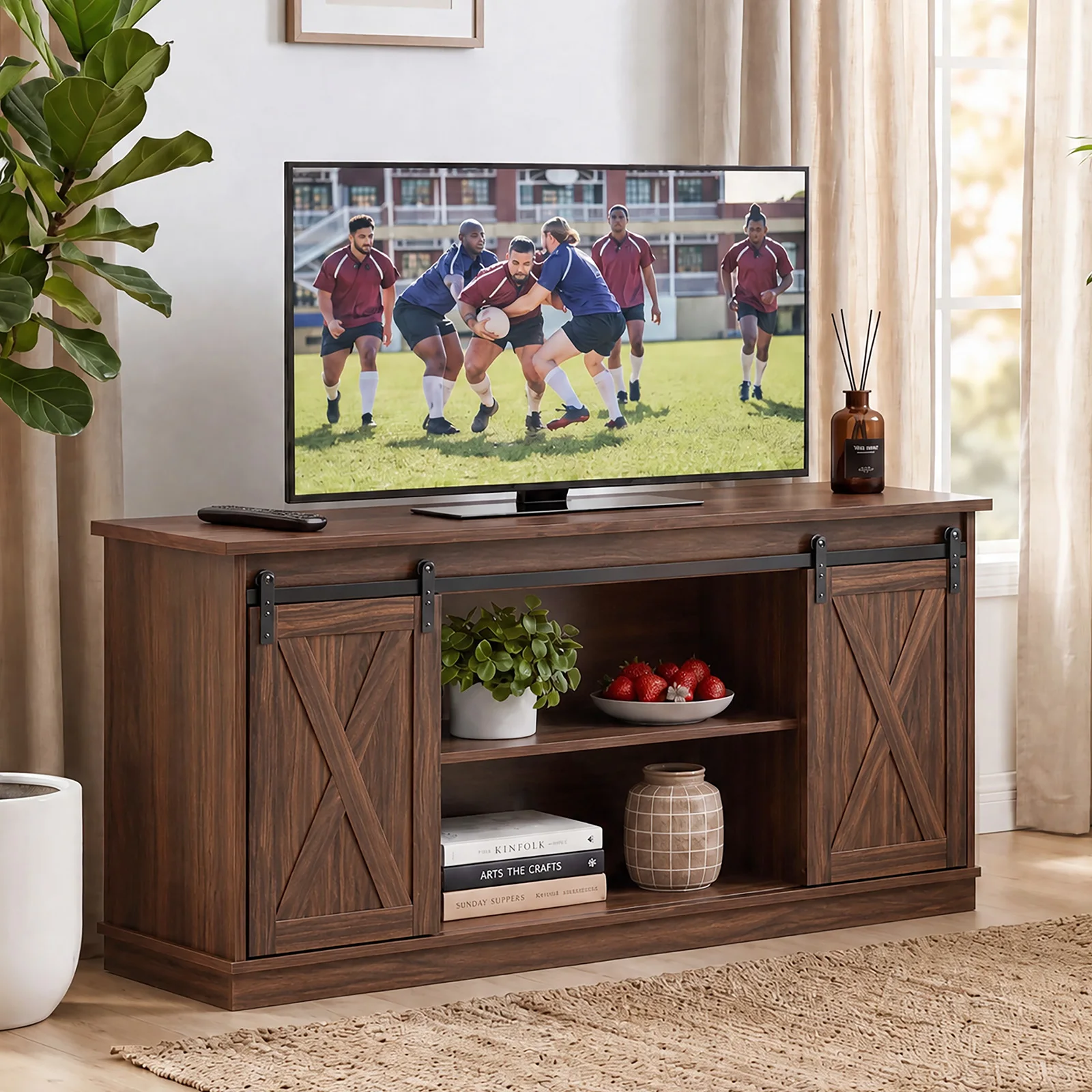 Wood Storage Shelves Cabinet, Modern Media TV Stand for 65 Inch Television, Storage Organization - Image 1