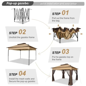 12x12FT Pop Up Gazebos -Easy Up Metal Outdoor Gazebo Waterproof - with Mosquito Nettings,  Carry Bag - Thumbnail Image 5