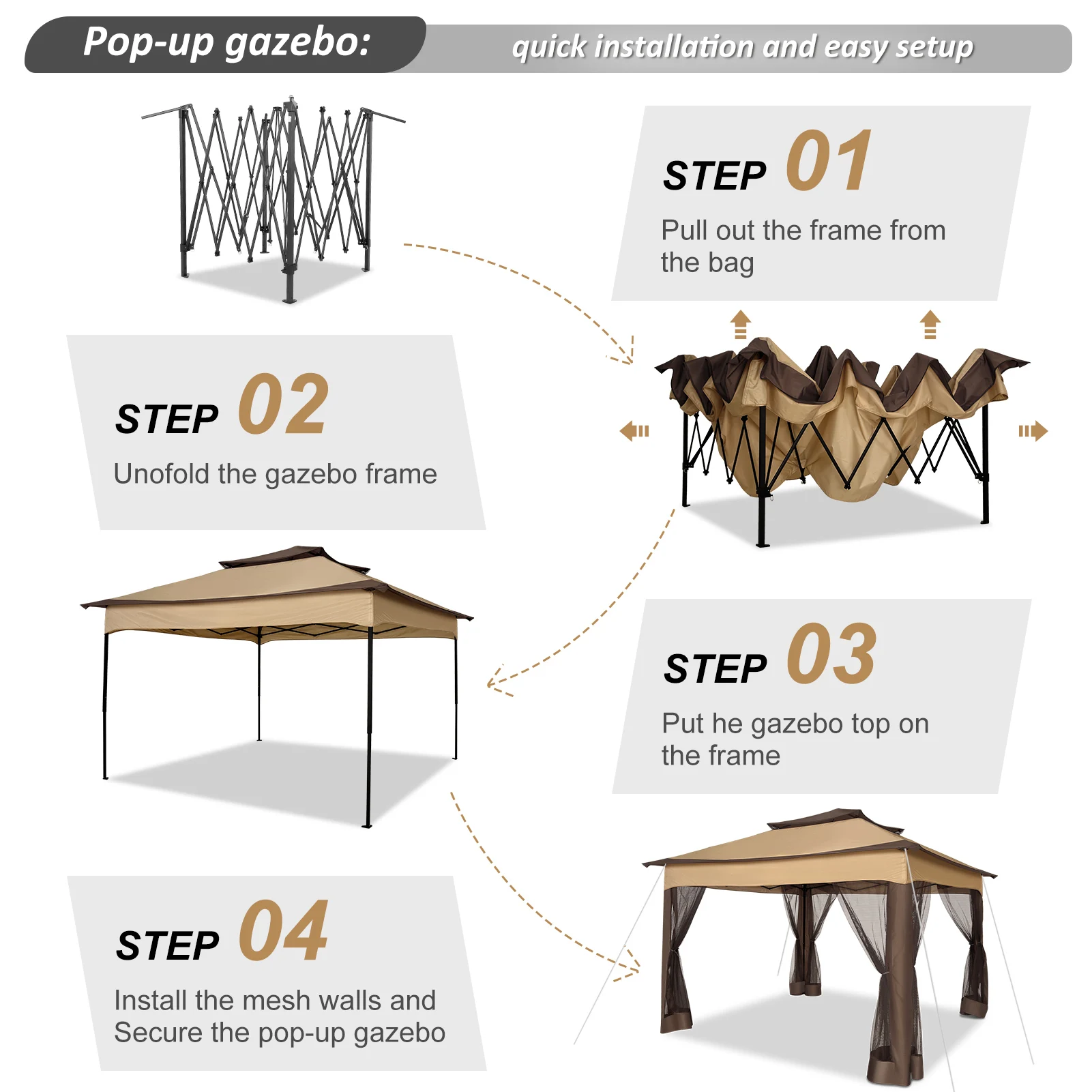 12x12FT Pop Up Gazebos -Easy Up Metal Outdoor Gazebo Waterproof - with Mosquito Nettings,  Carry Bag - Image 5