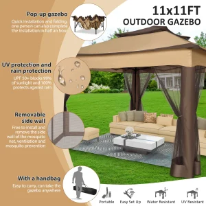 12x12FT Pop Up Gazebos -Easy Up Metal Outdoor Gazebo Waterproof - with Mosquito Nettings,  Carry Bag - Thumbnail Image 3