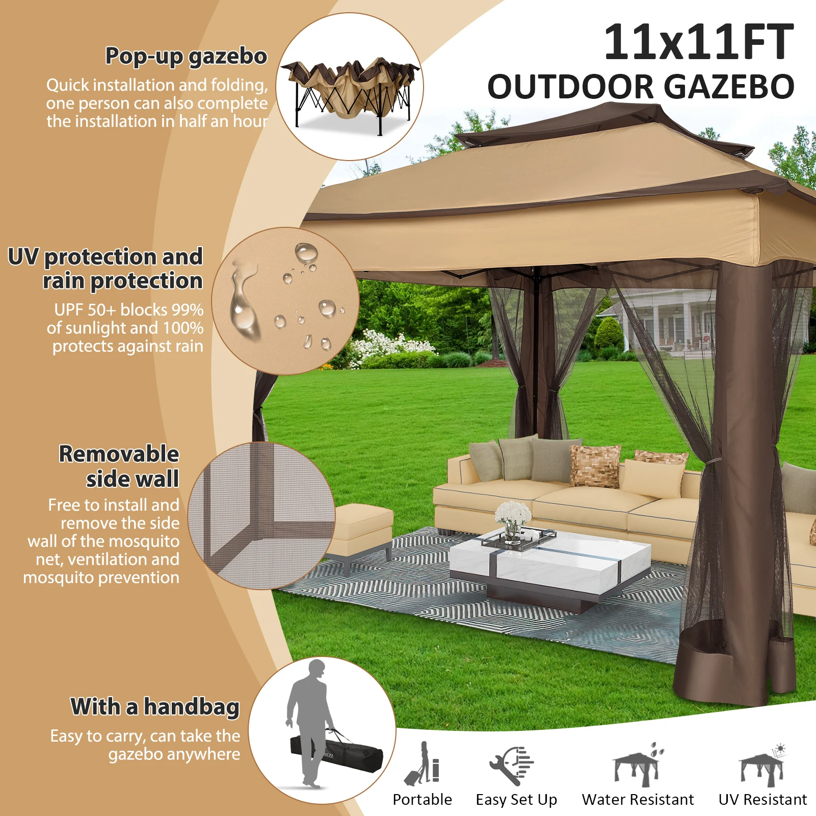 12x12FT Pop Up Gazebos -Easy Up Metal Outdoor Gazebo Waterproof - with Mosquito Nettings,  Carry Bag - Image 3