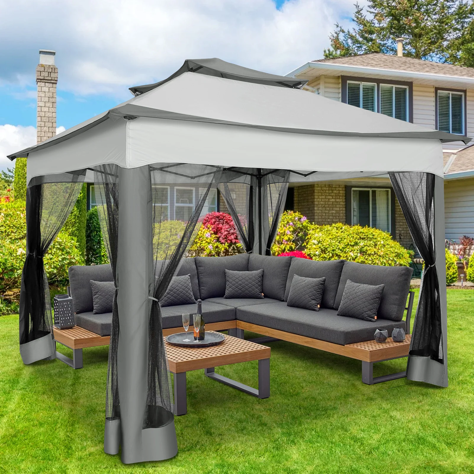 12x12FT Pop Up Gazebos -Easy Up Metal Outdoor Gazebo Waterproof - with Mosquito Nettings,  Carry Bag - Image 9