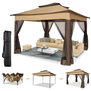 12x12FT Pop Up Gazebos -Easy Up Metal Outdoor Gazebo Waterproof - with Mosquito Nettings,  Carry Bag