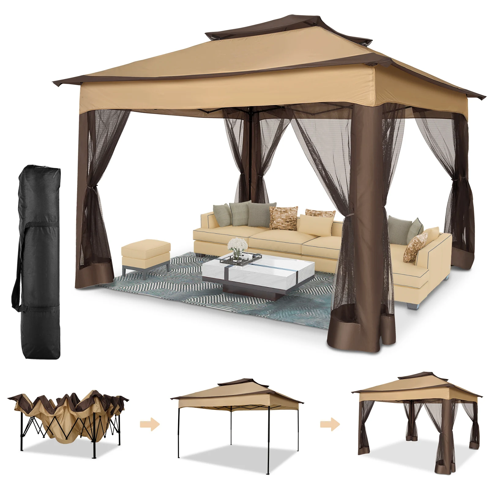 12x12FT Pop Up Gazebos -Easy Up Metal Outdoor Gazebo Waterproof - with Mosquito Nettings,  Carry Bag - Image 1