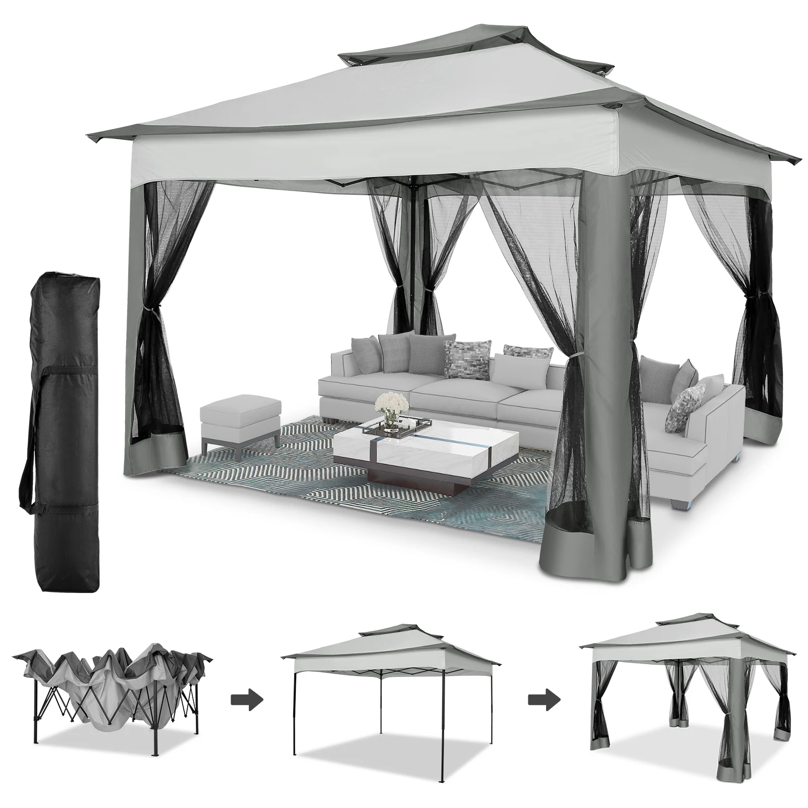12x12FT Pop Up Gazebos -Easy Up Metal Outdoor Gazebo Waterproof - with Mosquito Nettings,  Carry Bag - Image 8