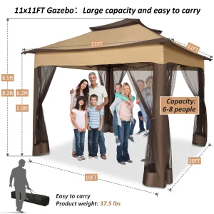 12x12FT Pop Up Gazebos -Easy Up Metal Outdoor Gazebo Waterproof - with Mosquito Nettings,  Carry Bag - Thumbnail Image 6