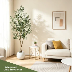 Olive Trees Artificial Indoor, 5.25/6.10/7.10FT Tall, with Black Pot, Artificial Plants w/Natural Wood Trunk and Lifelike - Thumbnail Image 6