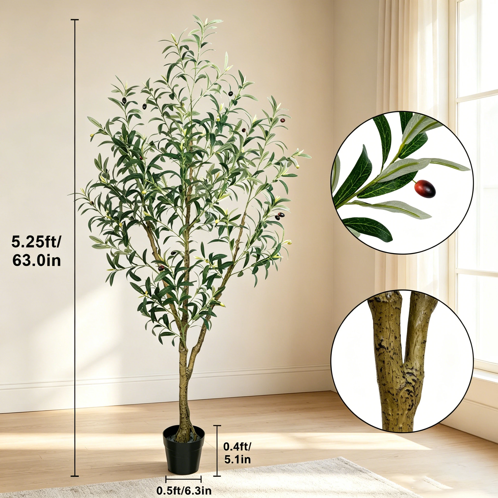 Olive Trees Artificial Indoor, 5.25/6.10/7.10FT Tall, with Black Pot, Artificial Plants w/Natural Wood Trunk and Lifelike - Image 10