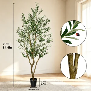 Olive Trees Artificial Indoor, 5.25/6.10/7.10FT Tall, with Black Pot, Artificial Plants w/Natural Wood Trunk and Lifelike - Thumbnail Image 11